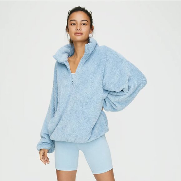 like new Aritzia TNA fuzzy Zip Mockneck in Dune blue -Size S - Picture 1 of 4